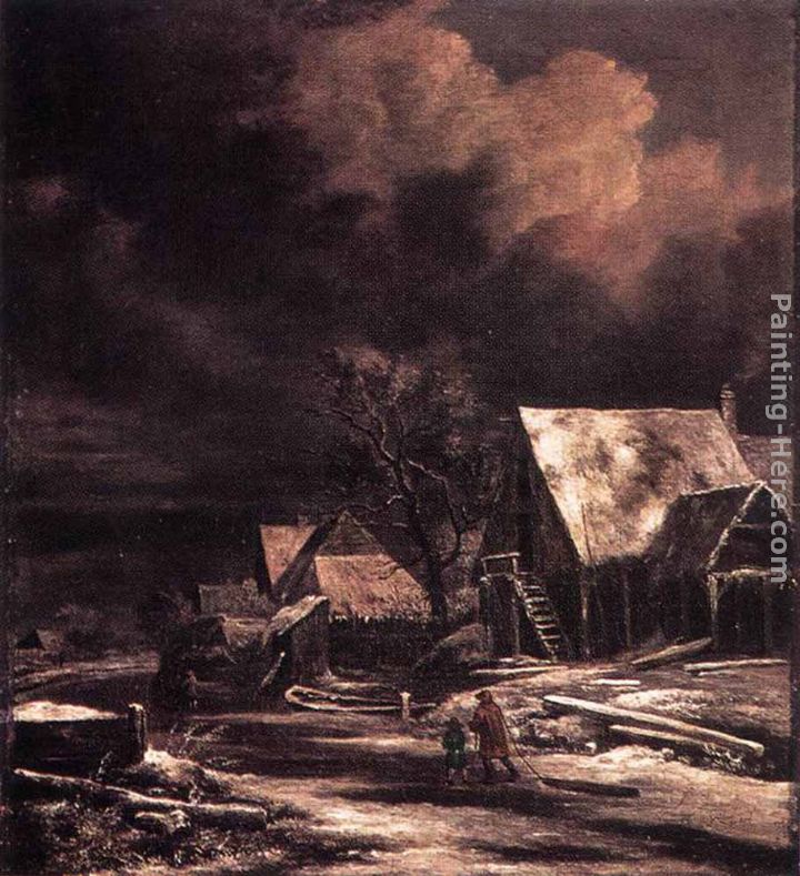 Village at Winter at Moonlight painting - Jacob van Ruisdael Village at Winter at Moonlight art painting